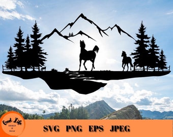 Horse and Mountains Outdoors Scene SVG, Horses Mountain Scene, Cricut Horse Project Cut File, Equestrian Theme Landscape SVG, Running Horse