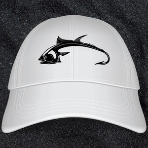 May include: White baseball cap with a black silhouette of a fish with a hook on the front.