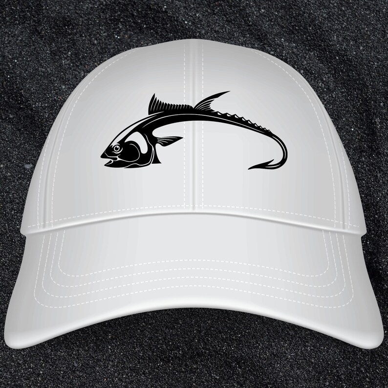 May include: White baseball cap with a black silhouette of a fish with a hook on the front.