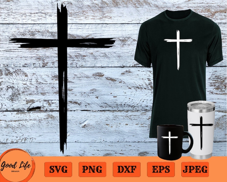 May include: A black and white cross design with a brushstroke effect. The design is shown on a white wooden background, a black t-shirt, a black mug, and a white tumbler.