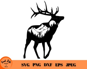 Elk Outdoors Scene, Elk Silhouette SVG, Wildlife SVG, Mountain Landscape SVG, Gift for Elk Hunter, Cricut Cut File, Digital Download Graphic