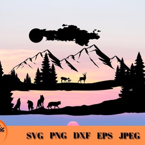 山と川の野生動物の風景、山の鹿とオオカミのSVG、オオカミの群れのSVG、屋外の風景のSVG、森の動物のPNG、山の風景のSVG