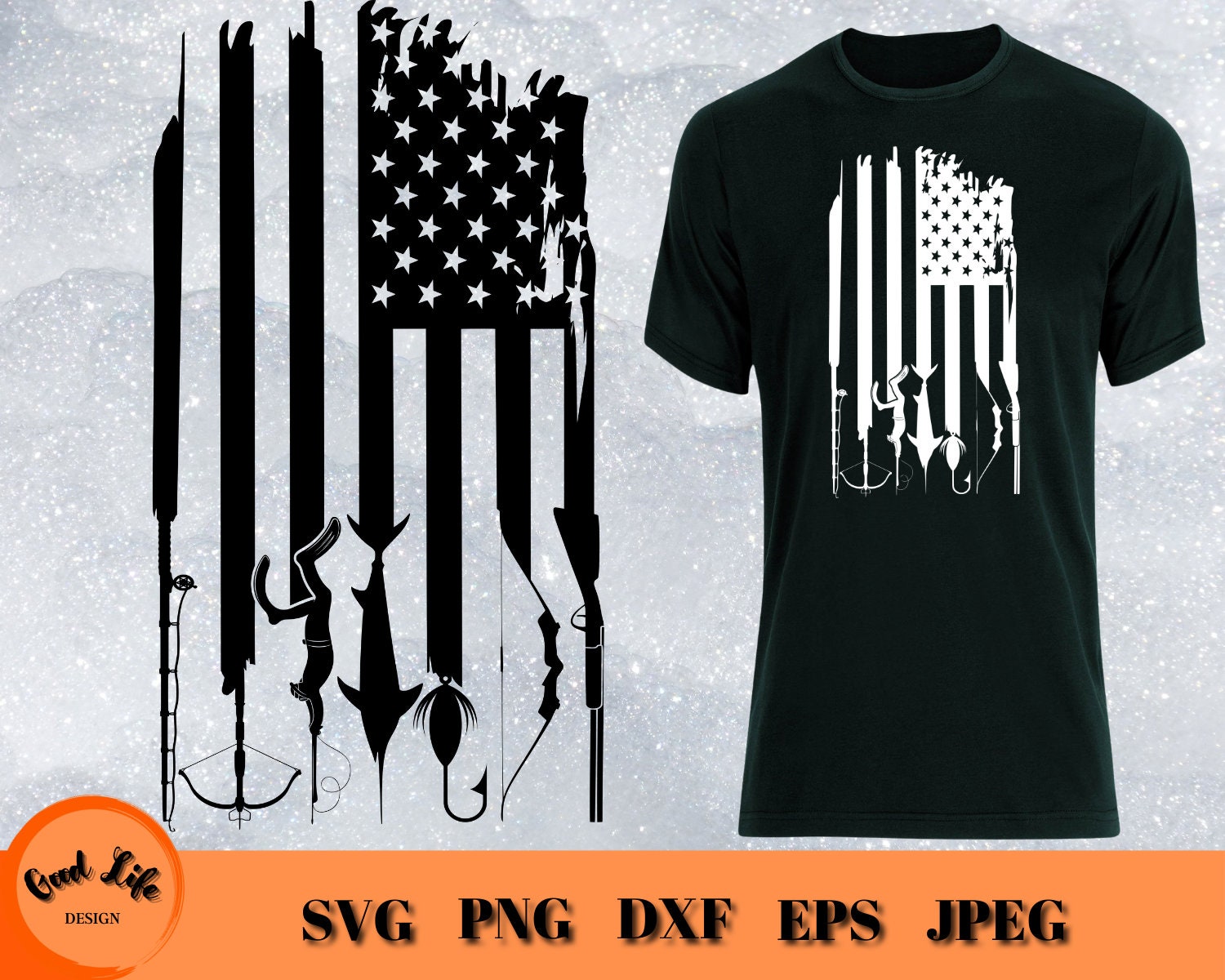 Outdoors Theme SVG Hunting, Bow Hunting, Fishing, Diving, Spear Fishing, with a Distressed American Flag, Rustic Flag, Outdoor Sports Theme