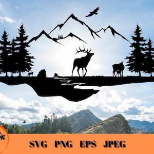 Elk and Majestic Mountain Scene SVG, Outdoors Wildlife SVG, Gift for Elk Hunter, Elk Hunting Lodge Wall Art Elk Forest Scene Cricut Cut File