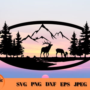 Scena di montagna degli alci SVG, Famiglia degli alci, File di taglio artistico degli alci con cornice ovale per Cricut, Scena all'aperto SVG, Scena della fauna selvatica SVG, Sagoma degli alci