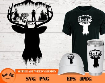 Outdoors SVG, Deer Head Silhouette, Deer Hunting, Fishing SVG, Outdoor Scene Svg, Maintains Svg, Lake Svg, Bass Svg, Hunting and Fishing Svg