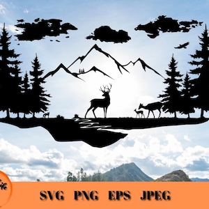 Deer Family Outdoors Scene SVG, Mountains and Outdoor Scene, Deer Hunting SVG, Forest and Mountain Landscape PNG, Gift for  Deer Hunter