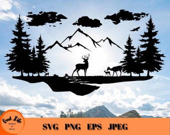 Deer Family Outdoors Scene SVG, Mountains and Outdoor Scene, Deer Hunting SVG, Forest and Mountain Landscape PNG, Gift for  Deer Hunter