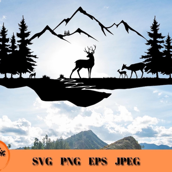 Deer and Mountains Scene SVG, Outdoors Scene Wall Art, Majestic Deer Family Mountain PNG, Graphic Digital Download Country Home Décor Print