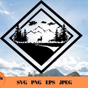 鹿の家族の屋外シーン SVG フレーム、雄大な山々と鹿の家族、森と渓流 PNG、ハンターへの贈り物、狩猟 SVG