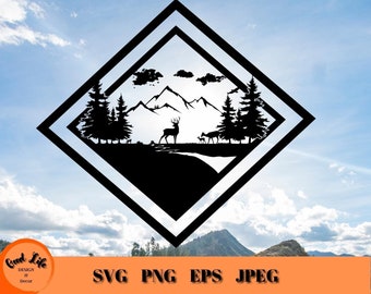 Deer Family Outdoors Scene SVG Framed, Majestic Mountains and Deer Family, Forest and Mountain Stream PNG, Gift for Hunter, Hunting SVG