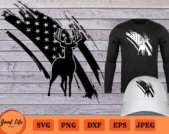 Hunting SVG, Deer SVG, Deer Silhouette and Grunge Flag SVG, Buck Svg, Distressed American Flag Svg, Deer Png, Gift for Hunter, Patriotic Svg