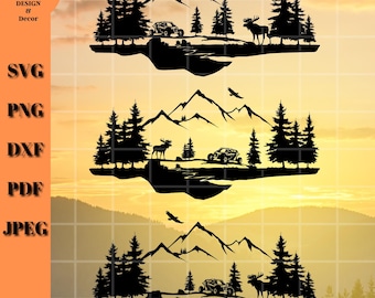 Moose and Side by Side Outdoor Scene SVG, Mountains Landscape, Digital Download File, ATV SVG, Forest Wildlife Outdoors Scene, Cut File