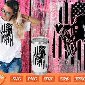 May include: A black and white silhouette of a horse bucking against a distressed American flag background. The image is suitable for use on t-shirts, mugs, and other merchandise.
