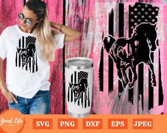 Horse and Distressed Flag SVG, Horse SVG, American Flag Equestrian Art, Running Horse Svg, Mustang Horse Svg, a Girl and Her Horse, USA Flag