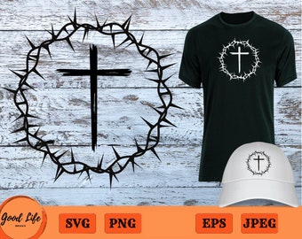 Cross SVG, Crown of Thorns, Jesus Cross, Grunge Cross Png, Religious Clip Art, Distressed Cross, Worship Svg, Christian Graphic Cricut File