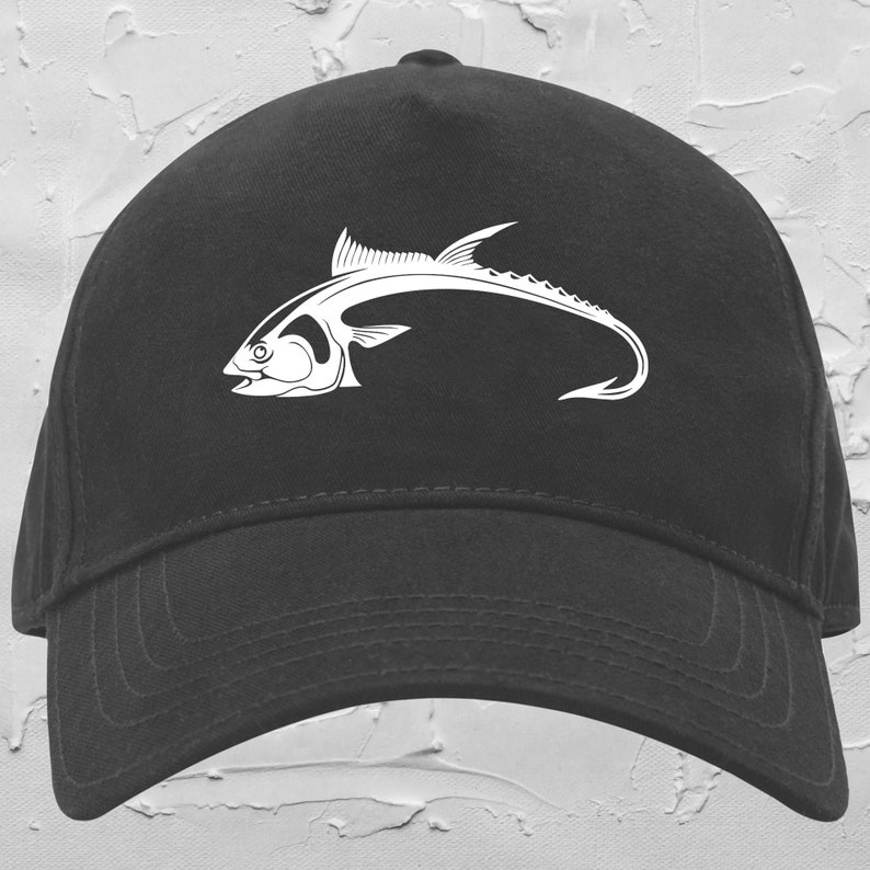 May include: A black baseball cap with a white silhouette of a fish on the front.