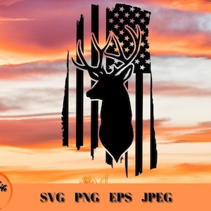 Deer and Flag SVG, Deer Hunting Buck Silhouette in Distressed American Flag SVG, Deer Head in US Flag Digital Download, Cricut Svg Cut File