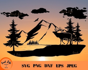 Elk and Mountain Lake Scene SVG, Wildlife Outdoors Scene, Majestic Mountainscape, Forest and Mountains Landscape SVG