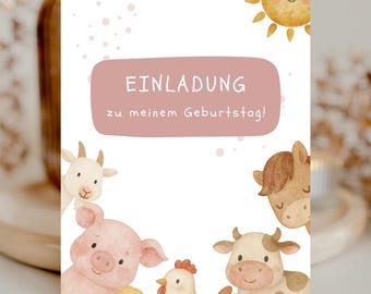 Farm Animals Party Invitation - Personalized Invitation Card for Children's Birthday Party - Farm Animals Theme Party - Horse, Cow, Pig, Chicken | A6