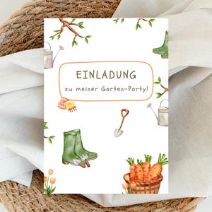 Uitnodiging tuinfeest kinderfeestje vrolijke uitnodigingskaarten picknick tuinieren met bloemen weide zomerfeest uitnodiging om in te vullen | A6