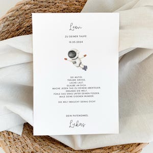 Lettre de parrainage personnalisée baptême astronaute cadeau des parrains nom date certificat individuel filleul carte de bénédiction cadre | A6