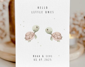 Personalized Twin Birth Card | Baby Card | Congratulations Card | Turtle Babies | Welcome Card | Parents' Names | A6