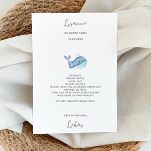 Personalisierter Patenbrief Taufe Wal Geschenk von Paten Name Datum Individuelle Urkunde Patenkind Segensspruch Karte zum Einrahmen | A6