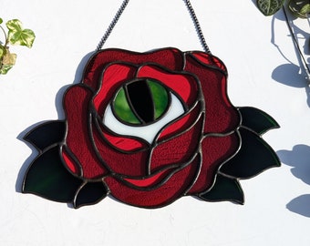 Large Red Rose Eye Stained Glass Suncatcher Unique Wall Hanging Handmade Creepy Goth Weird Eyes Macabre