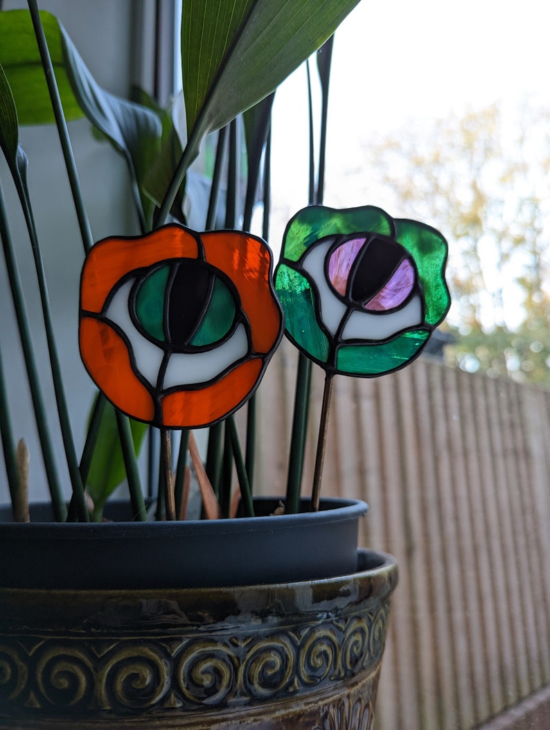 Stained Glass Orange Flower Eye Plant Stake Witch Goth Unique Gift, Plant Lover, Eyeball image 7