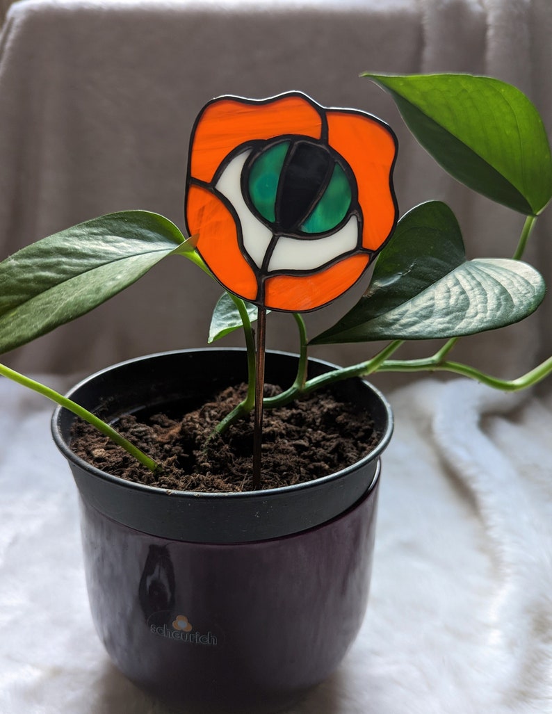 Stained Glass Orange Flower Eye Plant Stake Witch Goth Unique Gift, Plant Lover, Eyeball image 1