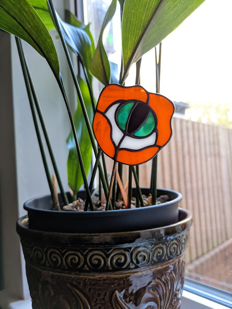 Stained Glass Orange Flower Eye Plant Stake Witch Goth Unique Gift, Plant Lover, Eyeball image 3