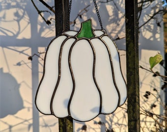 Stained Glass White Pumpkin Sun Catcher Medium Iridescent Unique Gift Handmade Nature Halloween Goth Witch Ornament