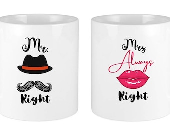 Mr Right and Mrs Always Right Novelty Mugs Gifts Coffee Cups Wedding Bride & Groom Bridal Shower Engagement Christmas Anniversary Gifts