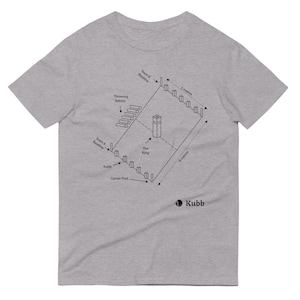 May include: A heather gray t-shirt featuring a diagram of a Kubb game setup. The diagram includes labels for the King, Kubb blocks, baselines, and throwing batons. The shirt also has the word "Kubb" printed on it.
