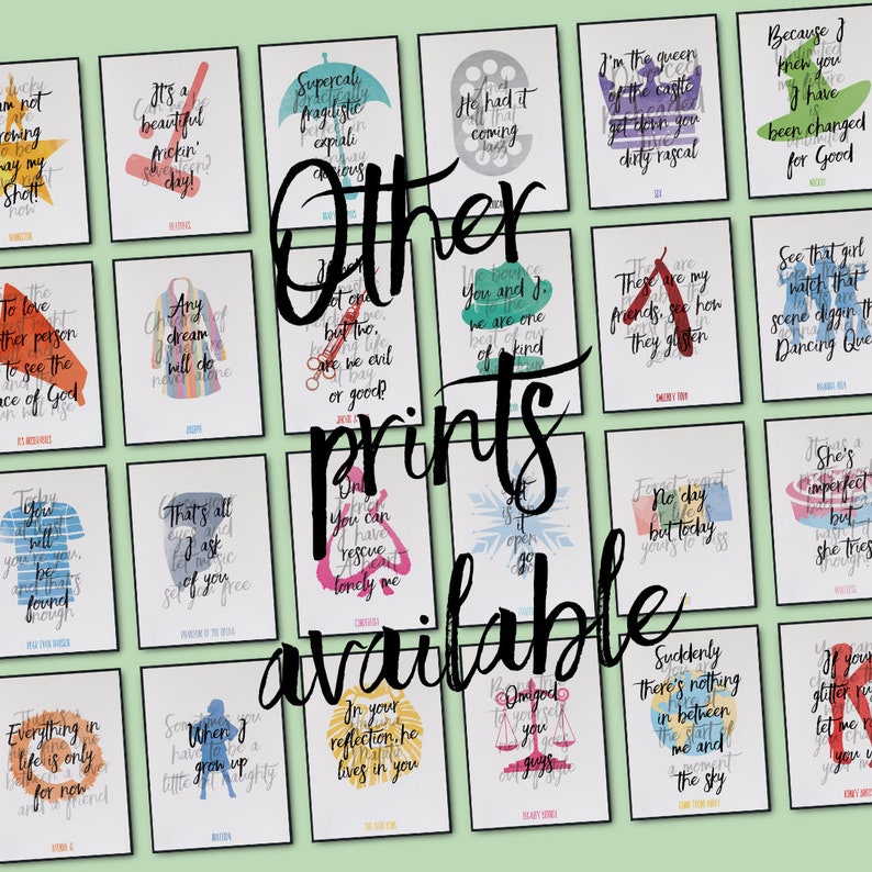 May include: A collage of 16 colorful printable art prints with inspirational quotes. The prints are framed in black and feature a variety of styles and colors.
