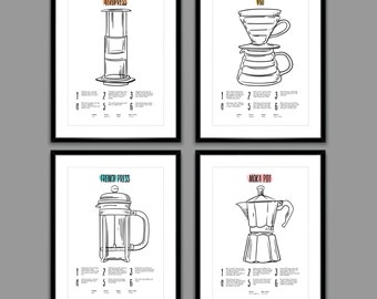 Digital Download - Coffee Brew Guide Prints - Set of 4 - French Press, V60, Aeropress and Moka Pot