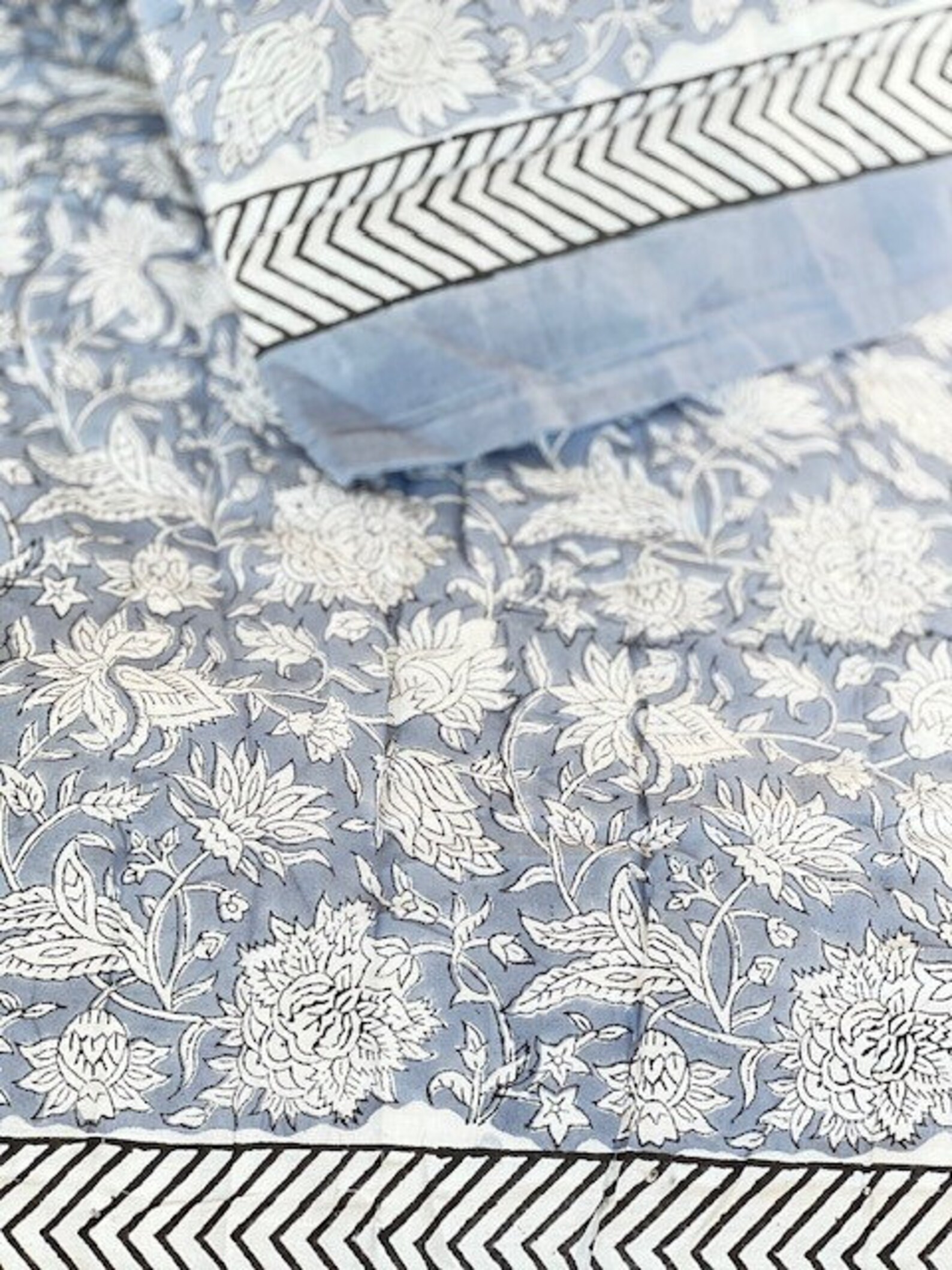 Block Print Quilt in Blue Floral Pattern, Indian Cotton Quilt, Queen