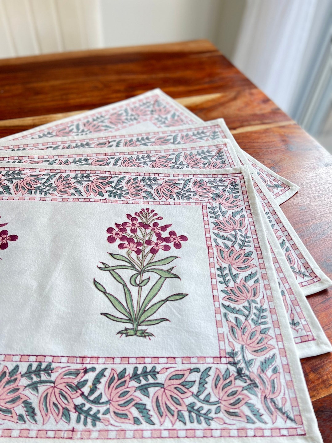 Block Print Placemat, Pink Lotus Pattern, Placemat Set, Cotton Table