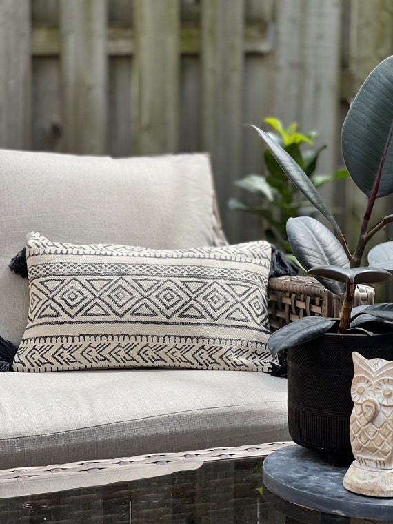 Block Print Throw Pillow Covers in Black and White Lumbar 