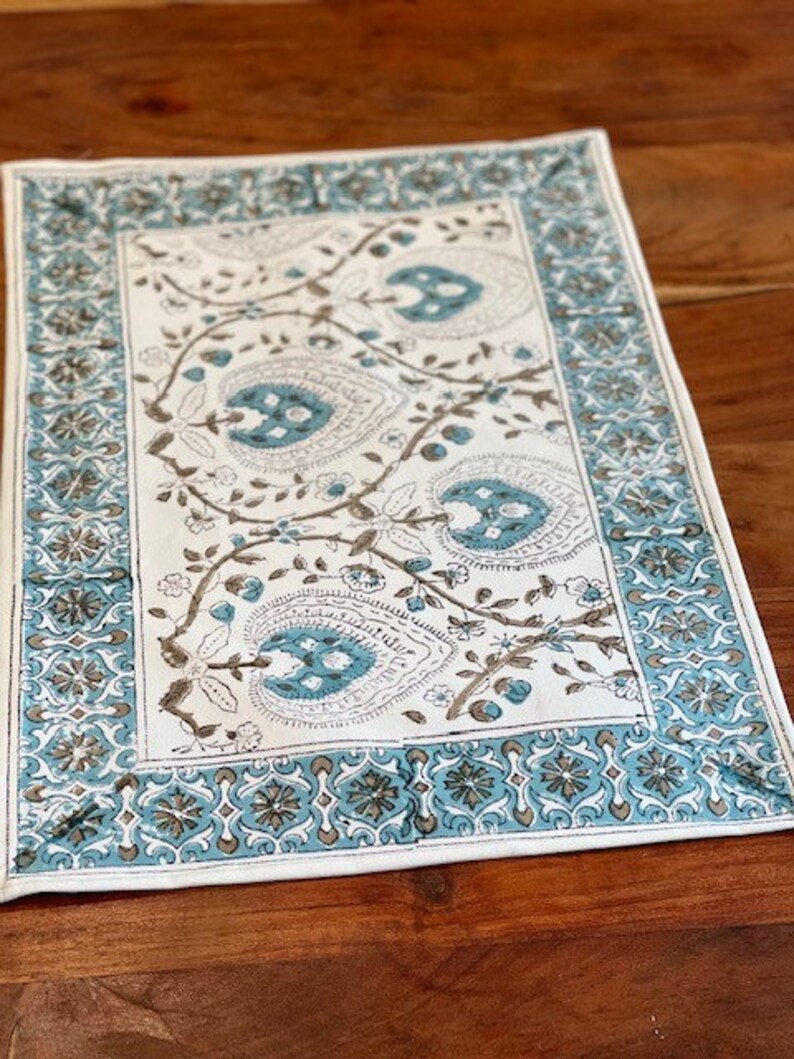Blue Block Print Placemat in Vintage Floral Pattern Handmade Etsy