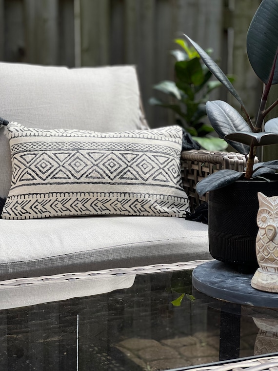 Block Print Throw Pillow Covers in Black and White Lumbar 