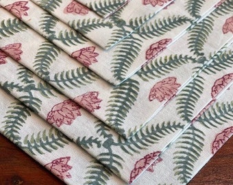 Set of 4 Hand block print cotton  table Napkin, Pink lotus floral pattern, Handmade table napkins, Cotton Table linen, Housewarming Gift