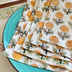 Block Print Napkin Set of 4,6, Yellow Floral Cotton Napkin, marigold  table linen set, summer table, minimalist Decor, Gift For Mom