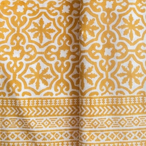 Yellow Block Print Tablecloth – Handmade Cotton Dining Table Cover – Boho Vintage Moroccan Tile Pattern – 6–8 Seater