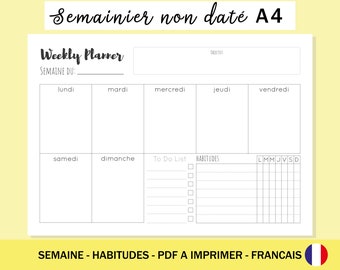 Undated weekly planner to print A4, daily planner, horizontal, weekly planner, French weekly planner, daily planner