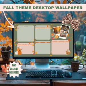 Puede incluir: Un monitor de computadora que muestra un fondo de pantalla de escritorio con temática otoñal. El fondo de pantalla presenta calabazas, hojas y una taza de café. El texto "FALL THEME DESKTOP WALLPAPER" está en la parte superior. Un gráfico de ardilla y el texto "TWO DESIGNS INCLUDED!" también son visibles.