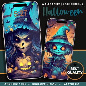 May include: Two Halloween phone wallpapers featuring a witch with a blue hat and glowing eyes. The first wallpaper features a witch with a skull face and a jack-o-lantern. The second wallpaper features a witch with a more cartoonish face. Both wallpapers have a dark and spooky aesthetic.