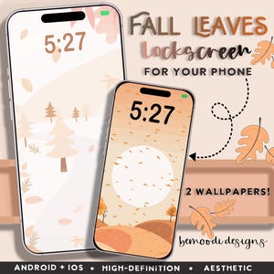 May include: Two phone screen wallpapers featuring autumn leaves in shades of orange, brown, and white. The first wallpaper has a simple design with a white background and scattered leaves. The second wallpaper has a more complex design with a gradient background of orange and brown, a white circle, and a hill with trees. Both wallpapers feature the text "5:27" and the words "FALL LEAVES Lockscreen FOR YOUR PHONE".