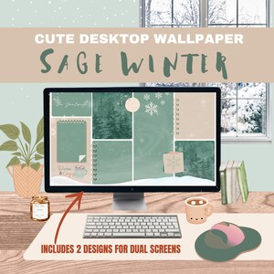 Puede incluir: Un monitor de computadora que muestra un fondo de pantalla de escritorio de invierno en verde salvia y blanco con copos de nieve y una cita que dice "Warm & Cozy". El fondo de pantalla está dividido en varias secciones con diferentes diseños. El monitor está sobre un escritorio de madera con un teclado, una taza y una vela.